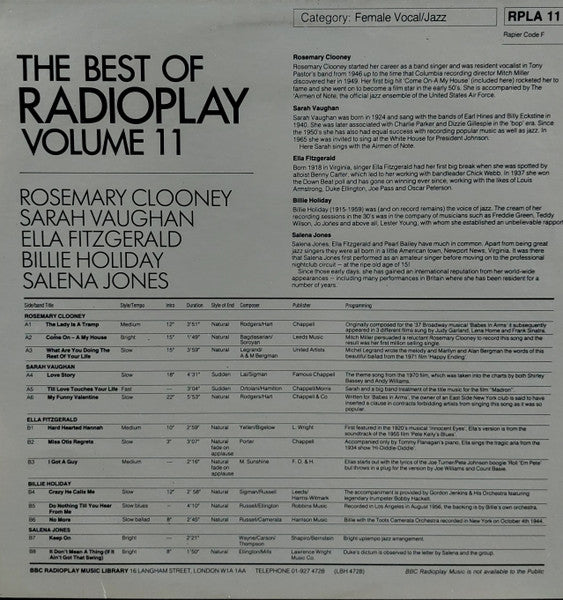 Rosemary Clooney, Sarah Vaughan, Ella Fitzgerald, Billie Holiday, Salena Jones : The Best Of Radioplay Volume 11  (LP, Advance, Comp, Mono)