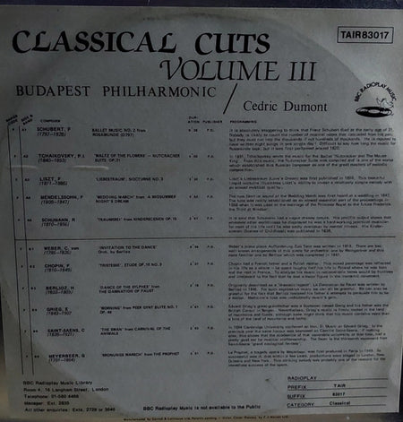 The Budapest Philharmonic Orchestra, Cedric Dumont : Classical Cuts Volume 3 (LP, Album)