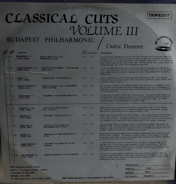 The Budapest Philharmonic Orchestra, Cedric Dumont : Classical Cuts Volume 3 (LP, Album)