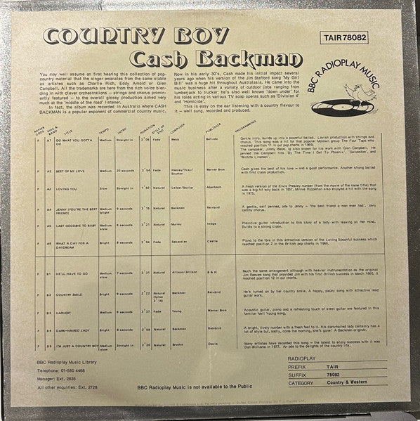 Cash Backman : Country Boy (Loving You) (LP, Album)