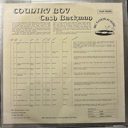 Cash Backman : Country Boy (Loving You) (LP, Album)