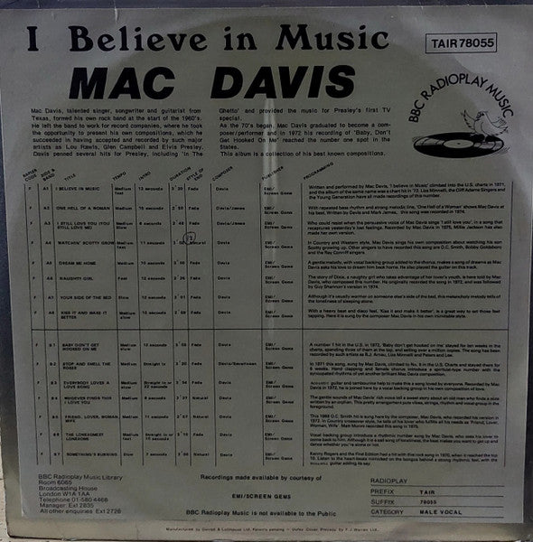 Mac Davis : I Believe In Music (LP, Comp)