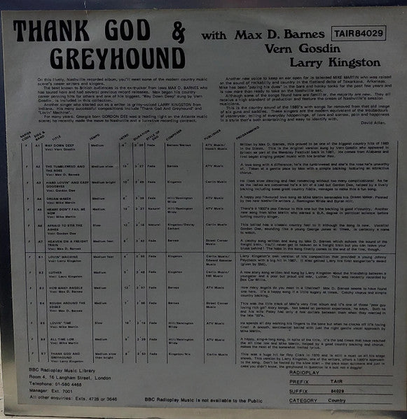 Max D. Barnes, Vern Gosdin, Larry Kingston : Thank God & Greyhound (LP, Album)