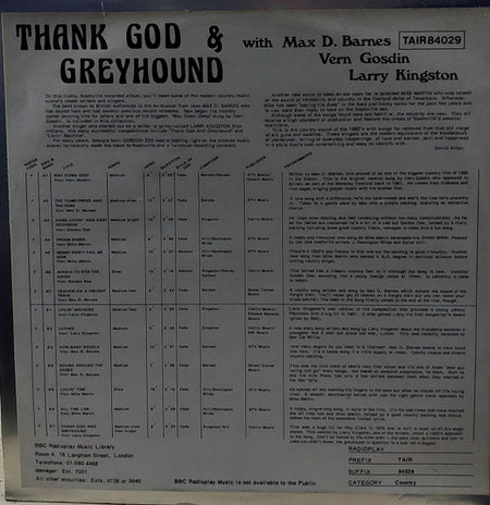 Max D. Barnes, Vern Gosdin, Larry Kingston : Thank God & Greyhound (LP, Album)