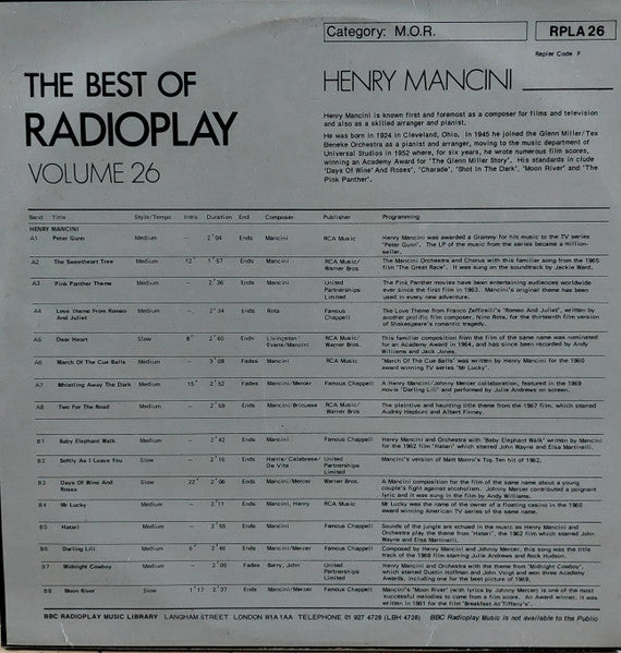 Henry Mancini : The Best Of Radioplay Volume 26 (LP, Album)