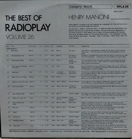 Henry Mancini : The Best Of Radioplay Volume 26 (LP, Album)