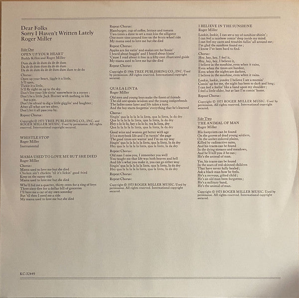Roger Miller : Dear Folks, Sorry I Haven't Written Lately (LP, Album)