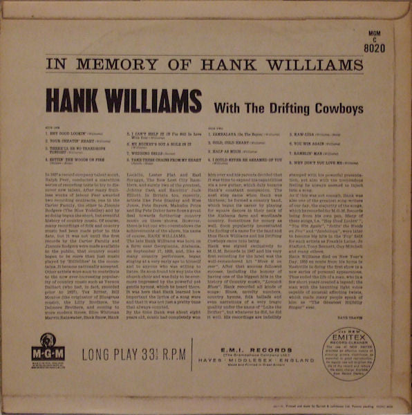 Hank Williams With His Drifting Cowboys : In Memory Of Hank Williams (LP, Comp, Mono)