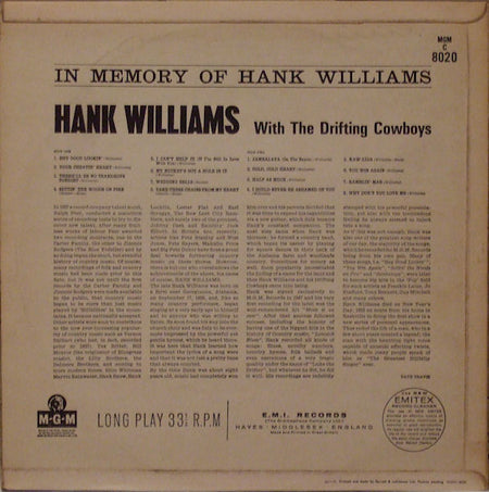 Hank Williams With His Drifting Cowboys : In Memory Of Hank Williams (LP, Comp, Mono)
