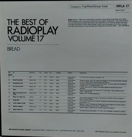 Bread : The Best Of Radioplay Volume 17 (LP, Album)