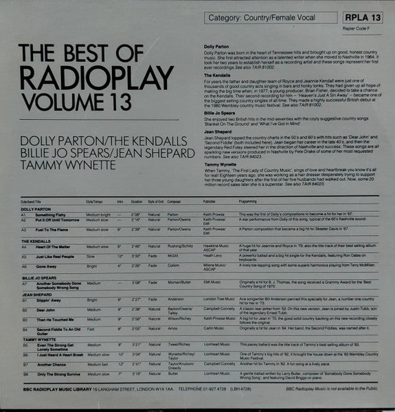 Dolly Parton / The Kendalls / Billie Jo Spears / Jean Shepard / Tammy Wynette : The Best Of Radioplay Volume 13 (LP, Comp, Transcription)