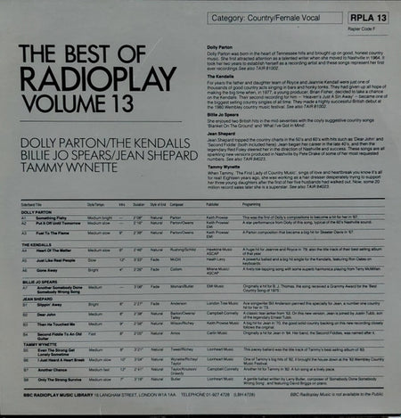 Dolly Parton / The Kendalls / Billie Jo Spears / Jean Shepard / Tammy Wynette : The Best Of Radioplay Volume 13 (LP, Comp, Transcription)