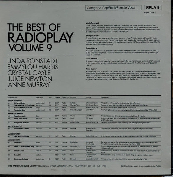 Linda Ronstadt / Emmylou Harris / Crystal Gayle / Juice Newton / Anne Murray : The Best Of Radioplay Volume 9 (LP, Comp, Transcription)