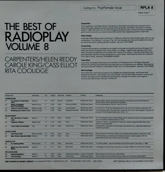 Carpenters / Helen Reddy / Carole King / Cass Elliot / Rita Coolidge : The Best Of Radioplay Volume 8 (LP, Comp, Transcription)