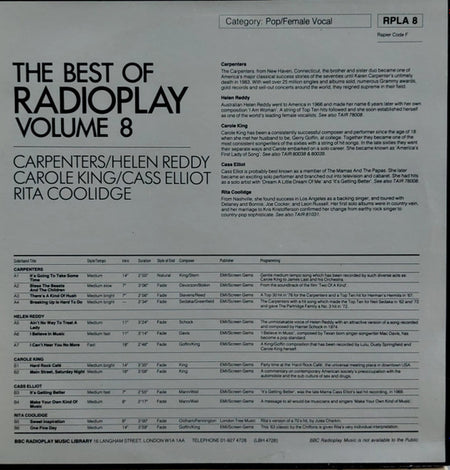 Carpenters / Helen Reddy / Carole King / Cass Elliot / Rita Coolidge : The Best Of Radioplay Volume 8 (LP, Comp, Transcription)