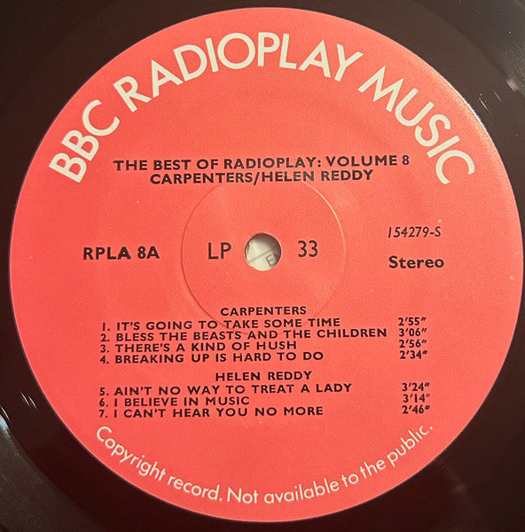 Carpenters / Helen Reddy / Carole King / Cass Elliot / Rita Coolidge : The Best Of Radioplay Volume 8 (LP, Comp, Transcription)