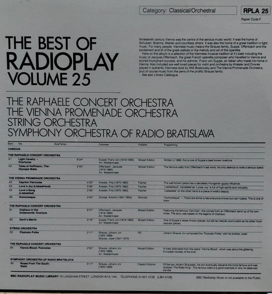 The Raphaele Concert Orchestra / Wiener Promenadenorchester / Munich String Orchestra / Bratislava Symphony Orchestra : The Best Of Radioplay Volume 25 (LP, Comp, Transcription)