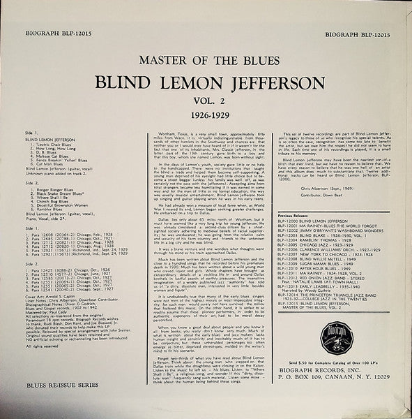 Blind Lemon Jefferson : Master Of The Blues Vol. 2 1926-29 (LP, Comp, RM)
