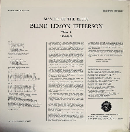 Blind Lemon Jefferson : Master Of The Blues Vol. 2 1926-29 (LP, Comp, RM)
