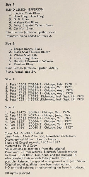 Blind Lemon Jefferson : Master Of The Blues Vol. 2 1926-29 (LP, Comp, RM)