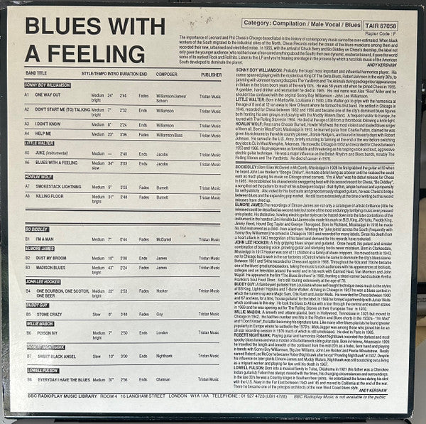 Sonny Boy Williamson (2), Little Walter, Howlin' Wolf, Bo Diddley, Elmore James, John Lee Hooker, Buddy Guy, Willie Mabon, Robert Nighthawk, Lowell Fulson : Blues With A Feeling (LP, Comp, Mono)