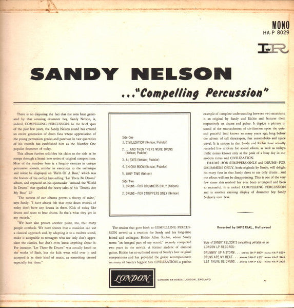 Sandy Nelson : Compelling Percussion (LP, Album, Mono)