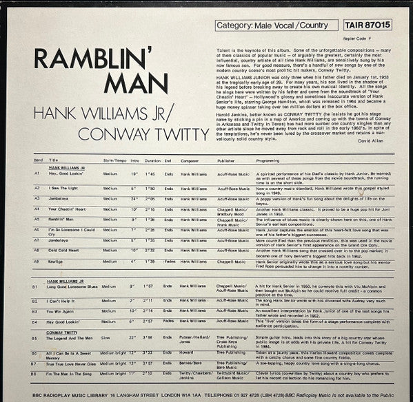 Hank Williams Jr., Conway Twitty : Ramblin' Man (LP, Comp)