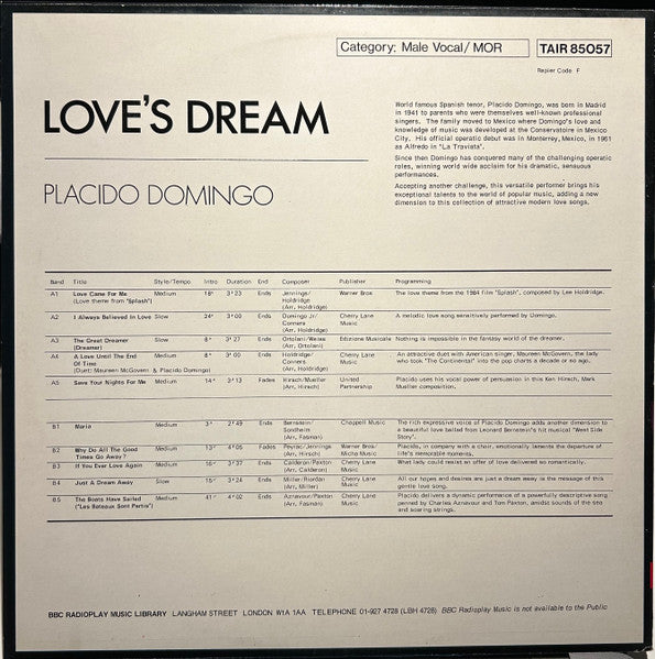 Placido Domingo : Save Your Nights For Me (Love's Dream) (LP, Album)