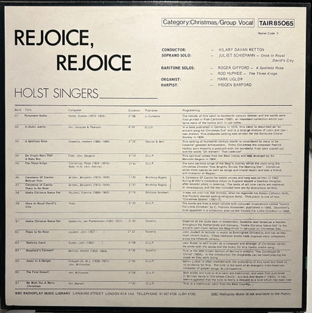 The Holst Singers : Rejoice, Rejoice (LP, Album)