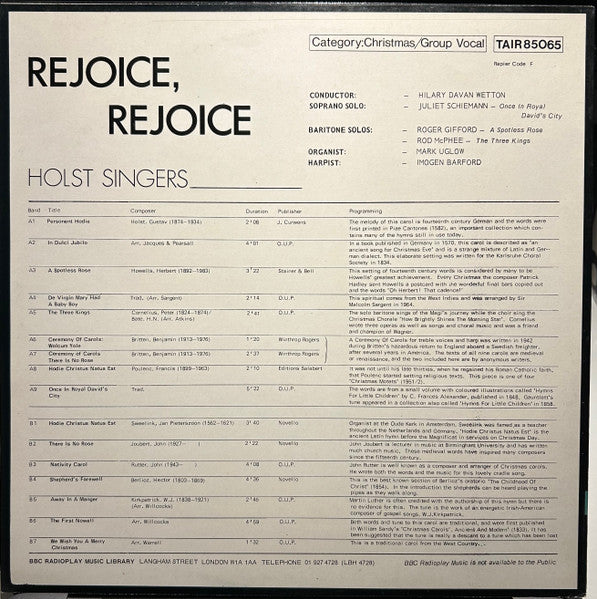 The Holst Singers : Rejoice, Rejoice (LP, Album)