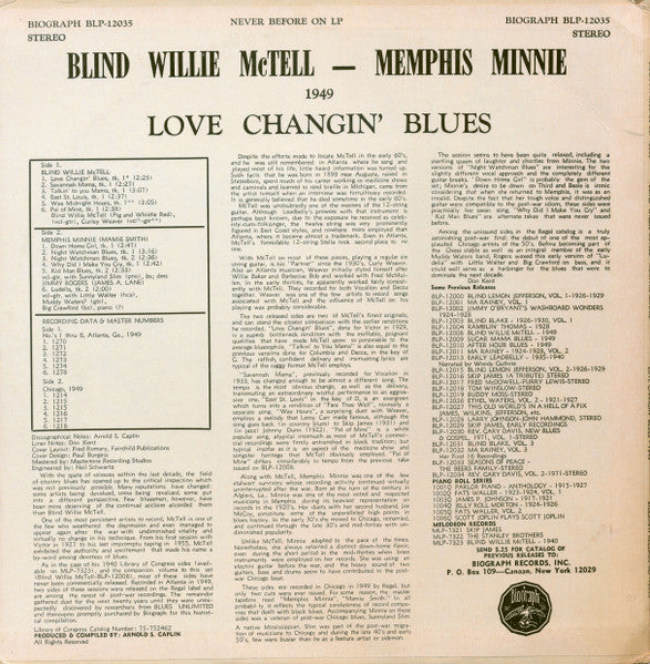 Blind Willie McTell / Memphis Minnie : 1949 Love Changin' Blues (LP, Comp)