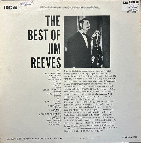 Jim Reeves : The Best Of Jim Reeves (LP, Comp)