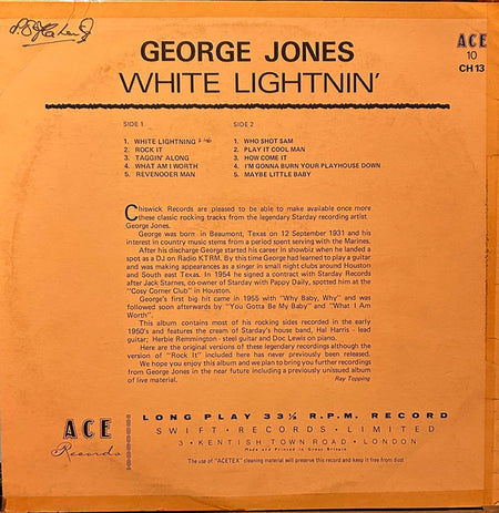 George Jones (2) : White Lightnin' (10", Album, Comp, Mono, Orl)
