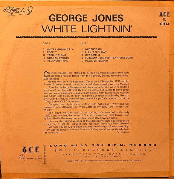George Jones (2) : White Lightnin' (10", Album, Comp, Mono, Orl)