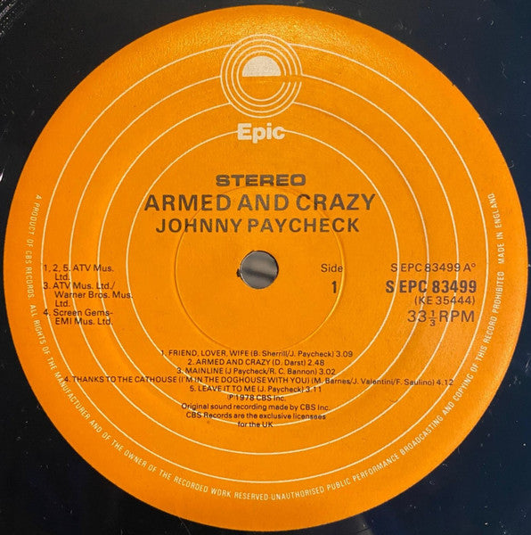 Johnny Paycheck : Armed And Crazy (LP, Album)