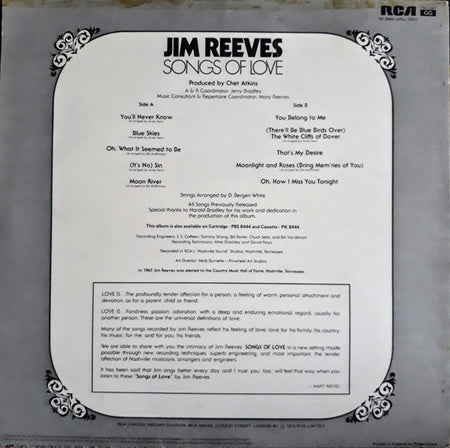 Jim Reeves : Songs Of Love (LP, Comp)