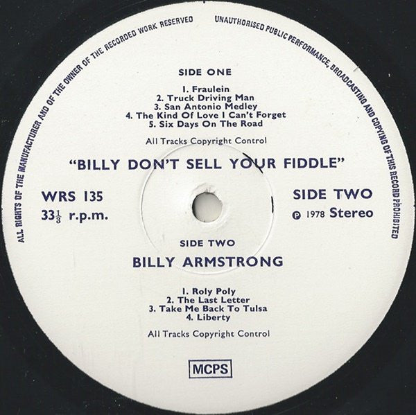 Billy Armstrong : Billy, Don't Sell Your Fiddle (Or, Who Let The S•O•B Sing?) (LP)