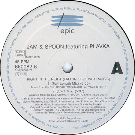Jam & Spoon Feat. Plavka : Right In The Night (Fall In Love With Music) (12")