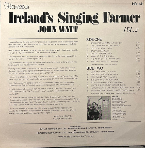 John Watts (8) : Ireland's Singing Farmer - Vol.2 (LP, Album)