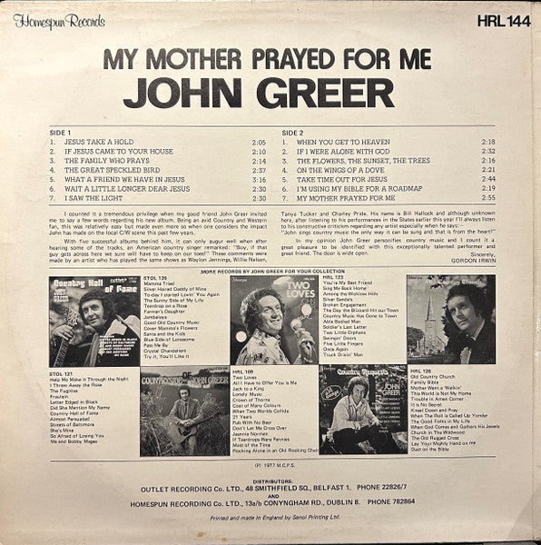 John Greer : My Mother Prayed For Me (LP, Album, W/Lbl)