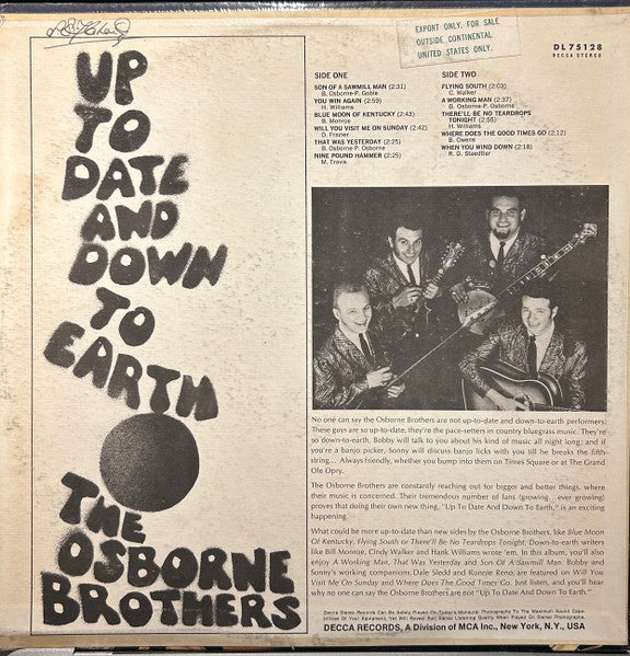 The Osborne Brothers : Up To Date And Down To Earth (LP, Album, DEC)