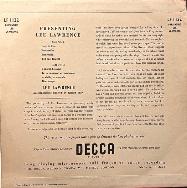 Lee Lawrence : Presenting Lee Lawrence (10", Album, Mono)