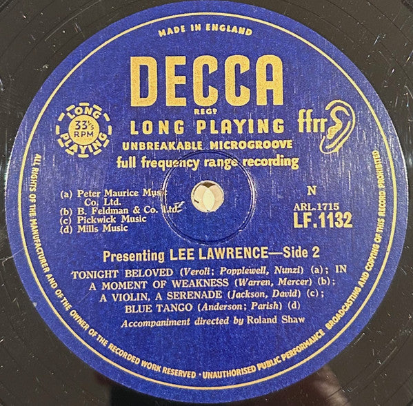 Lee Lawrence : Presenting Lee Lawrence (10", Album, Mono)