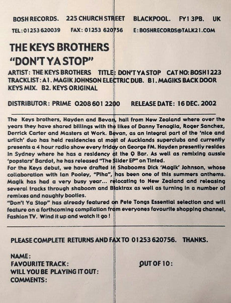 The Keys Brothers : Don't Ya Stop (12", Promo, W/Lbl, Sti)