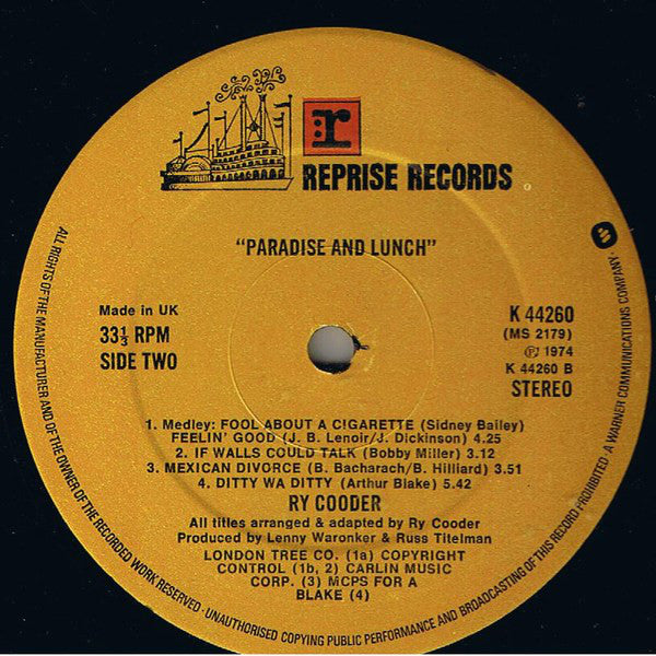 Ry Cooder : Paradise And Lunch (LP, Album, RP)