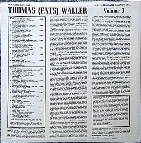 Thomas 'Fats' Waller* : Rare Piano Roll Solos Vol. 3 (LP, Comp)