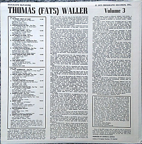Thomas 'Fats' Waller* : Rare Piano Roll Solos Vol. 3 (LP, Comp)