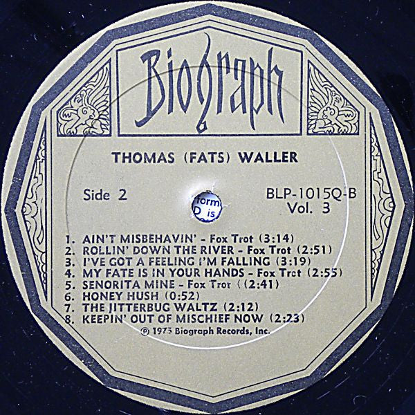 Thomas 'Fats' Waller* : Rare Piano Roll Solos Vol. 3 (LP, Comp)
