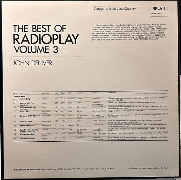 John Denver : The Best Of Radioplay Volume 3 (LP, Comp)