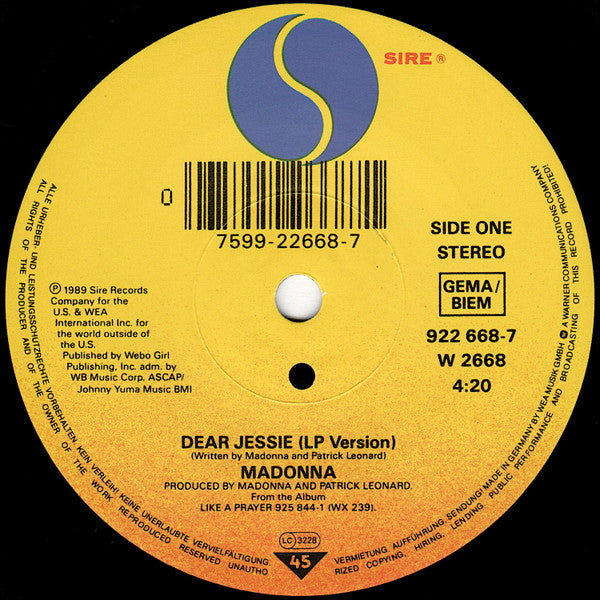 Madonna : Dear Jessie (7", Single, Sol)